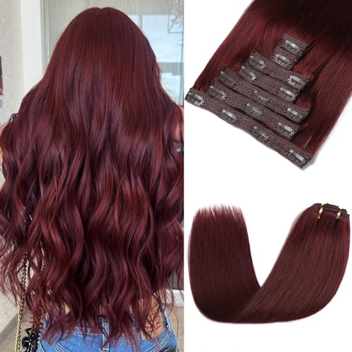 Clip in Hair Extensions Real Human Hair - Burgundy Red Color, 24 Inch 7pcs - Soft Remy Human Hair Clip in Hair Extensions Straight for Women (#99J 24 Inch)