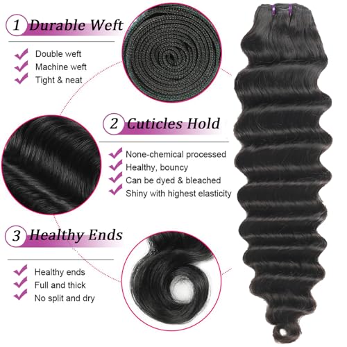 Loose Deep Wave Bundles with Closure 12 14 16+10 Inch 100% Unprocessed Virgin Brazilian Hair Bundles Wavy 3 Bundles and 4X4 HD Lace Closure Natural Color Hair Bundles with Closure