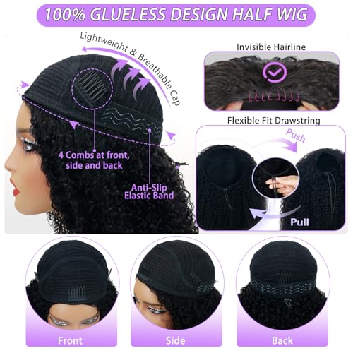 Canaryfly Afro Kinky Curly 3 In 1 Half Wigs Human Hair,200% Density Afro Curly Half Wig With Drawstring Human Hair Kinky Curly Half Wig Seamless Natural Hairline,Flip Over Wig,Beginner Friendly 12inch