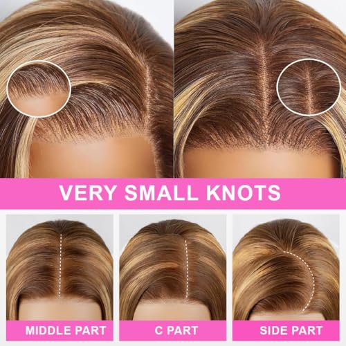 34 Inch Highlight Ombre Lace Front Wig Human Hair 200% Density Brown Highlighted Wig Human Hair 7x5 Highlight wigs human hair glueless wear and go Pre Plucked With Baby Hair Highlight Wig for Women