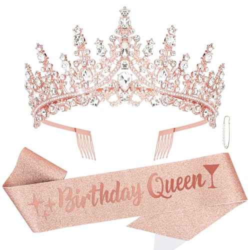 CURASA Rose Gold Birthday Sash and Crown - Crystal Tiaras for Women & Girls - Princess Crowns for Party Gifts