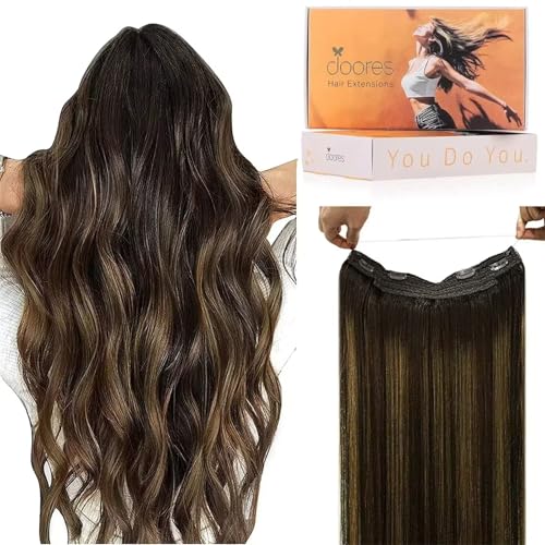 DOORES Wire Hair Extensions 20 Inch 110g Remy Human Wire Hair Extensions Invisible Transparent Line Adjustable Hairpieces Secret Extensions Straight Hair Balayage Dark Brown to Chestnut Brown