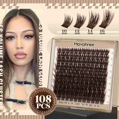 Brown Eyelash Clusters Wispy Volume Cluster Lashes Faux Mink Lash Clusters Fluffy Cluster Eyelash Extensions Thick Lash Extensions Dark Brown Individual Lashes Clusters (108PCS, CC Curve, 10-16MM)