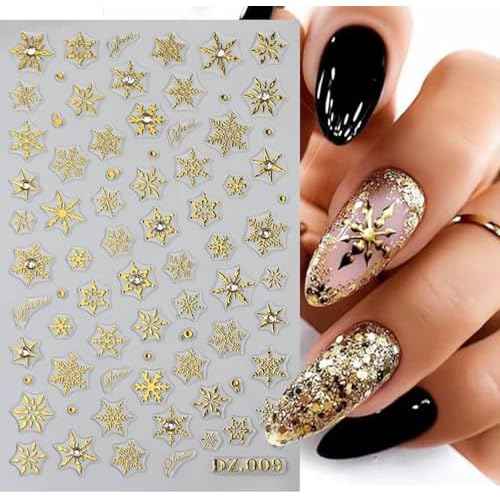 Christmas Snowflake Nail Art Stickers Gold Silver Snowflake Nail Decals with Rhinestones Design 3D Self Adhesive Nail Art Supplies Winter Shiny Snowflake Nail Sticker for Women Nail Art Decor, 4PCS