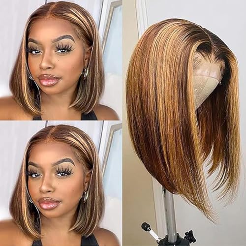 Short Honey Blonde Bob Lace Front Wigs for Black Women highlight wig Human Hair Pre Plucked with Baby Hair Glueless Wear and Go 180% Density 14 Inch