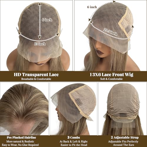 Highlight Lace Front Wigs Human Hair Ombre 13x6 Straight HD Lace Front Wig Light Brown to Brown with Ash Blonde Glueless Lace Frontal Wig for Women 180% Density Pre Plucked with Baby Hair 16 Inch
