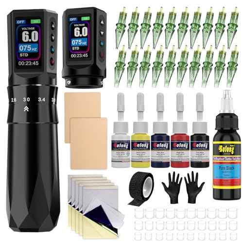Tattoo Gun Kit Tattoo Machine 7 Strokes Length Kit with 2 * 1600mAh Batteries£¬20PCS Pro Tattoo Cartridge Needles, Complete Tattoo Set Black EF-TKE751A-1