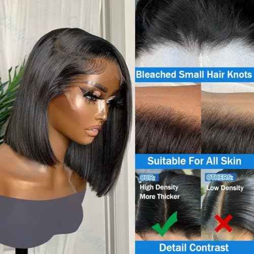 Bob Wig Human Hair 180% Density 13x4 HD Transparent Lace Front Wigs Human Hair Pre Plucked Short Bob Glueless Straight Wigs Human Hair for Women Natural Black 12 Inch