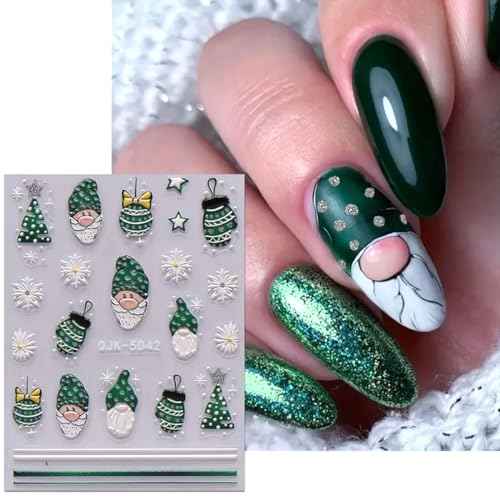 Christmas Nail Art Stickers White Snowflake 5D Embossed Nail Decals for DIY or Nail Salon, Self-Adhesive Santa Claus Xmas Tree Green Dwarf Design Acrylic Stickers Nail Art Supplies for Women Decor