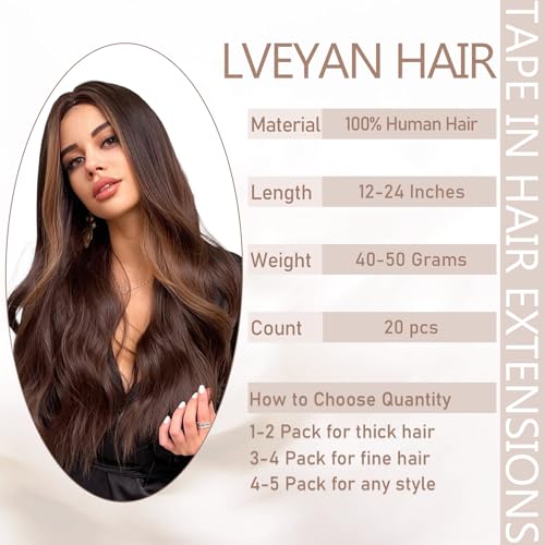 Tape in Hair Extensions Human Hair, 20 Inch Choclolate Brown to Caramel Blonde/Brown Remy Human Hair Skin Weft 20pcs 50g/pack Invisible Tape in Hair Extensions (#T4-P27/4, 20 Inch)