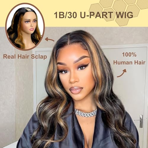 U Part Human Hair Wig Body Wave1B/30 U Part Wig Human Hair for Black Women Glueless Wigs Natural Hair Wig Beginner Friendly Middle Part 180% Density 20inch