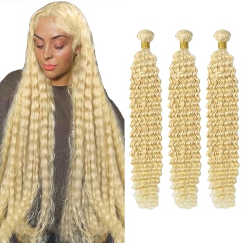 24 26 28 inch 613 Deep Wave Bundles Human Hair Blonde Bundles Double Weft Brazilian Virgin Remy Hair Extensions Soft And Silky Blonde Deep Wave Bundles Human Hair 613 Bundles