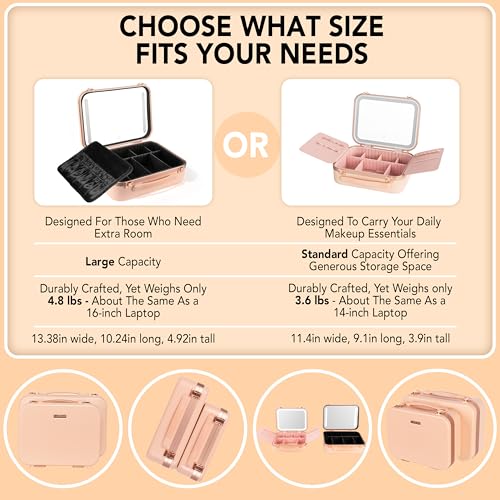 Lighted Makeup Case with Mirror - Large Size 13.4" x 10.2" - Travel Makeup Case With Mirror - Rechargeable LED Travel Vanity Case with Adjustable Brightness - Train Case Makeup Bag - Pink