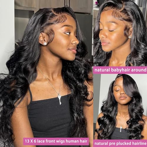 13x6 Body Wave Lace Front Wigs Human Hair Pre Plucked 200% Density HD Transparent Lace Frontal Wigs Human Hair With Baby Hair Natural Black 22 Inch