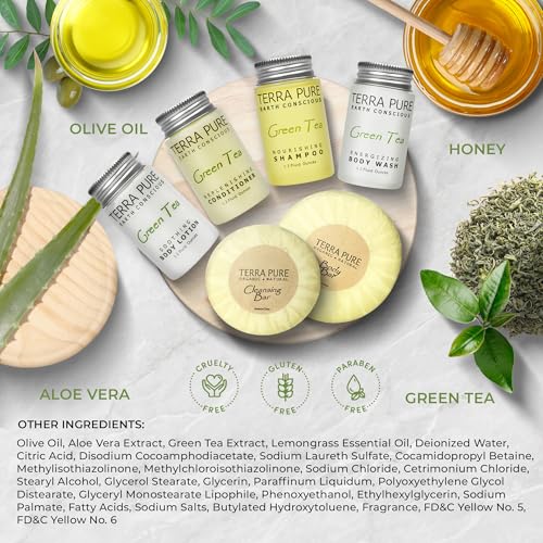 Terra Pure Green Tea Amenity & Accessory Kit | 1 oz Travel Size Shampoo, Conditioner, Lotion, Body Wash, 2 Soap Bars, Shave & Dental Sets, Make-Up Remover Wipes, & Vanity Kit | 15 sets per case