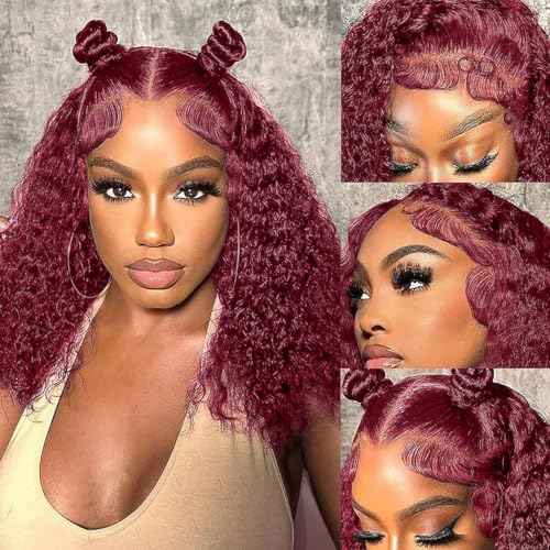 Burgundy Wig Human Hair 13x4 Deep Wave Lace Front Wigs Human Hair Pre Plucked 250% Density 99j Burgundy Lace Frontal Wigs Wet and Wavy Curly Wig for Women (18 Inch)