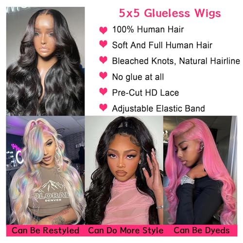 5x5 Glueless Wigs Wear and Go Wigs Human Hair Pre Plucked Lace Closure Wigs Human Hair Glueless Body Wave Lace Front Wigs Human Hair for Black Women Natural Color 180% Density 18 Inch