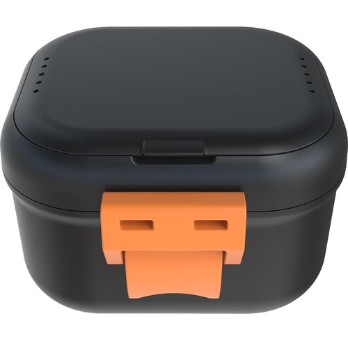ARGOMAX Leak Proof Denture Bath Cup, Portable Soaking Denture Box, Denture Bath Case with Strainer, for Dentures and Braces, Upgraded Version with Storage Compartment (Black + Orange).