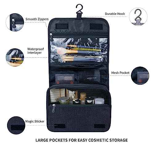 Large Capacity Toiletry Bag Travel Bag with Hanging Hook for Men and Women Waterproof Travel Cosmetic Bag Bathroom Storage Bag for Brushes Set,Full-Sized Shampoo,Toiletries,Accessories-Black