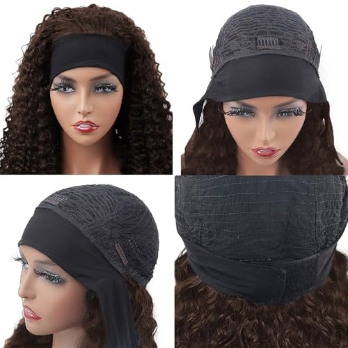 WENYAN Chocolate Brown Headband Wig Human Hair Deep Wave 18 Inch Curly Glueless Headband Wigs for Black Women None Lace Front Wigs Human Hair Brazilian Virgin Hair Wear and Go Wigs 150% Densitys