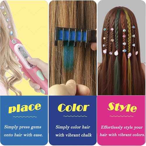 Hair Gem Stamper Kit with Reusable Bling Jewels & Washable Chalk - Girls Hair Styling Toys, Creative DIY Accessories, Birthday Gifts for Ages 5-12 (Light Hair Friendly)