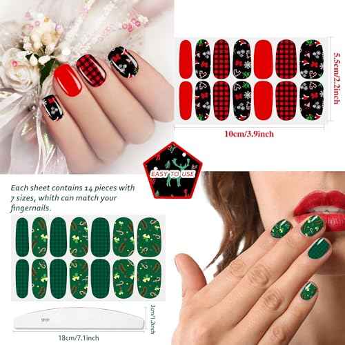 JERCLITY 280 Pieces 20 Sheets Christmas Nail Wraps Stickers Nail Polish Strips Self-Adhesive Full Wraps with Nail Files for Christmas DIY Nail Art Decals