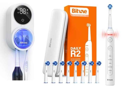 Bitvae Toothbrush Cleaner & R2 Rotating Electric Toothbrush White for Adults and Kids with 8 Brush Heads, 5 Modes, Pressure Sensor, Travel Case, Bundle