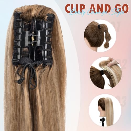 Hairro Claw Clip Ponytail Human Hair Extensions Jaw On Ponytails Remy Long Straight Jaw/Claw Clips Pony Tail Hairpieces For Women 14 Inch 105g #4P27 Medium Brown Mix Dark Blonde