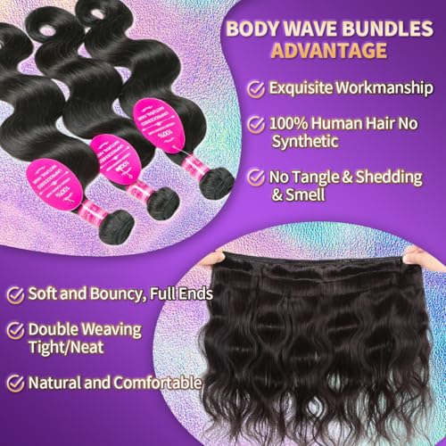 12A Body Wave Bundles with Closure Human Hair 3 Bundles 14 16 18+12 Inch with 4x4 HD Lace Closure 100% Brazilian Virgin Quick Weave Natural Black