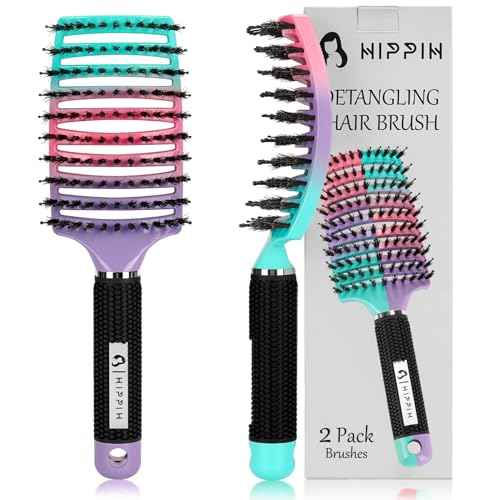 Hair Brushes for Women 2 Pack, HIPPIH Detangler Hair brush for Adult & Kids¡¯ Wet or Dry Hair, Boar Bristle Hair Brush Getting Knots Out without Pain Adds Shine and Makes Hair Smooth