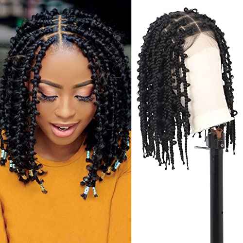 Lexqui 14" Short Knotless Braided Wigs for Women Box Braid Wig Full Double Lace Butterfly Bob Braided Lace Wigs with Baby Hair Synthetic Hair Braid Lace Front Wig Natural Black