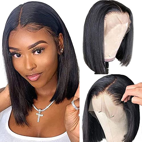 14 inch Short Bob Wigs 13x4 Frontal Bob Transparent Lace Front Wigs Human Hair Pre Plucked Brazilian Virgin Hair Wigs for Black Women Natural Black