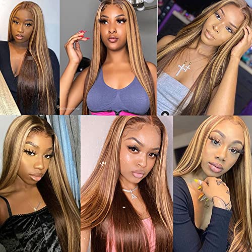 VIPbeauty Ombre Lace Front Wig Human Hair 4/27 Highlight 13x1x6 Deep Parting Transparent Lace Front T Part Wig Brown Blonde Colored Brazilian Virgin Human Hair Wig For Black Women 18 inch