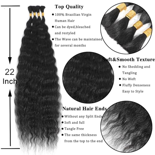 Super Wave Bulk Human Hair 100% Unprocessed Brazilian Virgin Human Hair Extensions Bundles for Braiding Hair Wet and Wave Micro Human Hair (1Pack-4PCS, 22inch, Natural Black)