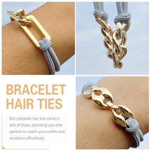 Bracelet Hair Ties Ponytail Holders, Gold Chain Link on Pink cord, Handmade Hair Elastic for Women Gray