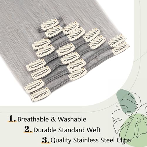 Clip in Hair Extensions Human Hair S-noilite Gray Human Hair Short Hair Clip in Extensions Full Head 8 Pieces/18 Clips 100% Real Human Hair Silky Straight 16"-90g Light Gray (#G1)