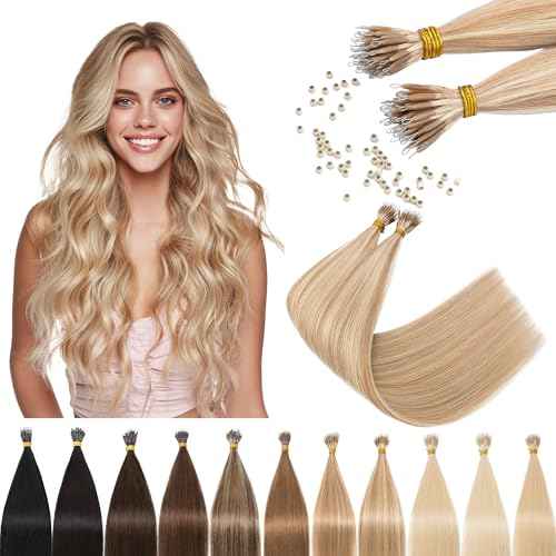 SEGO Nano Tip Hair Extensions Human Hair, Nano Beads Balayage Seamless Highlight Pre-bonded Extensions for Women, 0.7g/strand, 50 strands 35g/pack -20 Inch#18RP613R Ash Blonde&Bleach Blonde