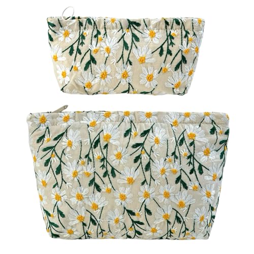 2 Pcs Makeup Bags, Large Cosmetic Bag Travel Toiletry Bag Organizer for Women, Embroidery Craft, Floral Makeup Bag Small Cosmetic Pouch Purse with Zipper Gifts for Girls Teen