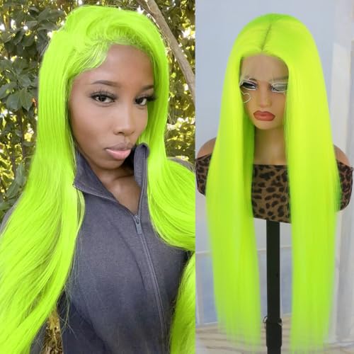 Aubree Fluorescent Green Wigs for Women Neon Green Long Straight Lace Front Synthetic Wigs with Baby Hair Glueless Heat Resistant Hair Replacement for Cosplay Party Christmas gift