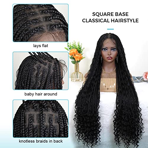 Boho Braided Wigs for Black Women, 36 inch Knotless Full Lace Boho Box Braid Wig, Bohemian Curly Ended Double Full Lace Goddess Braided Wig