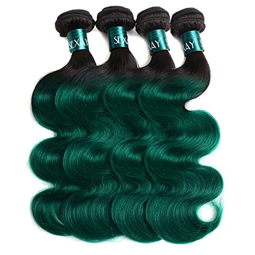 SEXAYHAIR Green Human Hair Brazilian Ombre Body Wave Bundles 1bGreen Virgin Hair 3 Bundles T1b/Green Color Human Hair Bundles Extensions for Women (12 14 16)