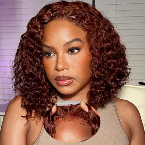 Reddish Brown glueless wigs human hair pre plucked pre cut Deep Wave 7x5 Wear And Go Closure Wigs Reddish Brown Lace Front Wigs Human Hair 180% Density Auburn Wig for Women 10 Inch