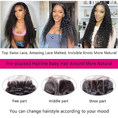 Deep Wave Bundles with Closure (12 14 16+10£¬Free Part) 100% Unprocessed Brazilian Virgin Hair Weave Bundles with Lace Closure Curly Virgin Human Hair Weft Natural Color for Black Women