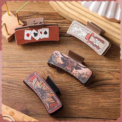 8 Pcs Western Hair Claw Clips Gifts Leather Highland Cow Print Large Hair Claw Clips Western Accessories Christmas Supplies for Women Long Short Hairstyle Gifts(Highland)
