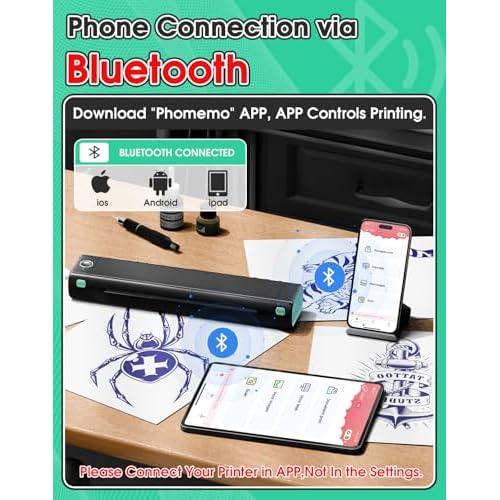 Phomemo Tattoo Stencil Printer, M08F Wireless Thermal Tattoo Printer with 10pcs Transfer Paper, Compatible with Phone/Tablet/PC, Tattoo Supplies for Tattoo Artists, AI Image Generation, Black & Green