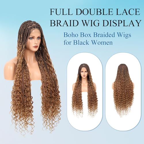 Boho knotless Braided Wigs for Women Boho Braid Wig Full Double Lace Front Bohemian Box Braid Wig with Baby Hair Premium Synthetic Braided Lace Front Wig 36" Mix Brown and Light Brown