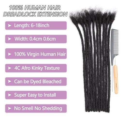 Originea Dreadlock Extensions Human Hair for Man/Women Full Head Handmade 0.8cm Thickness Can Be Dyed and Bleached Dreadlocks Bulk Permanent Loc Extensions (8 Inch 60 Strands, 1B# 0.4cm)
