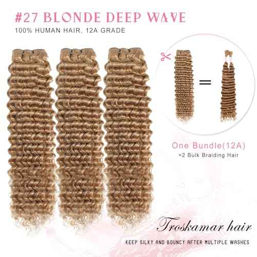 Blonde Deep Wave Human Hair Bundles 12A #27 Colored Deep Curly Human Hair 3 Bundles 18 20 22 Inch Honey Blonde Wet and Wavy Bundle for Black Women
