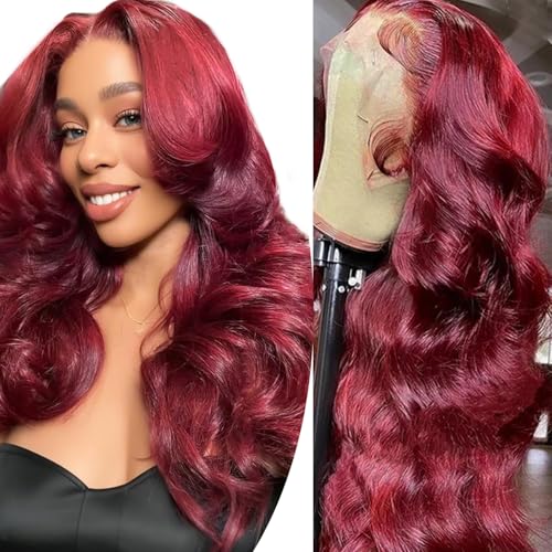 Burgundy Lace Front Wigs Human Hair 13x4 Body Wave 99j Burgundy Human Hair Wig with Free Part Pre Plucked HD Frontal 180 Density Glueless Colored Wig for Women 26 Inch