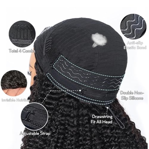 Kinky Curly Half Wig Human Hair Wear Go Glueless Wigs 16 Inch Curly 3 In 1 Half Wigs for Black Women Drawstring Seamless Flip Headband Wig Human Hair Beginner Friendly